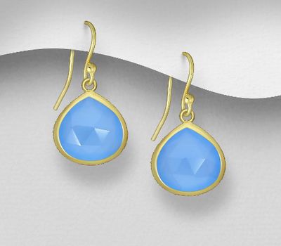 Desire by 7K - 925 Sterling Silver Hook Earrings, Decorated with Dyed Blue Onyx, Plated with 0.3 Micron 18K Yellow Gold