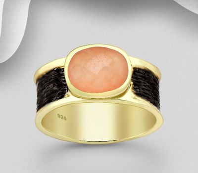 Desire by 7K - 925 Sterling Silver Oxidized Solitaire Ring, Decorated with Orange Jade, Plated with 0.3 Micron 18K Yellow Gold