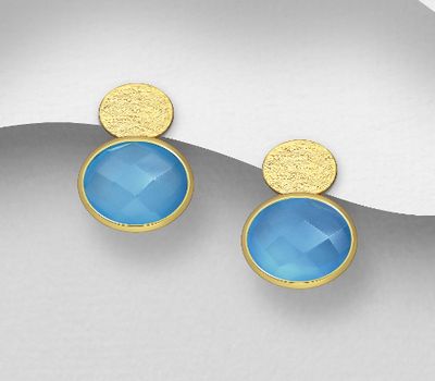 Desire by 7K - 925 Sterling Silver Push-Back Earrings, Decorated with Dyed Blue Onyx, Plated with 0.3 Micron 18K Yellow Gold