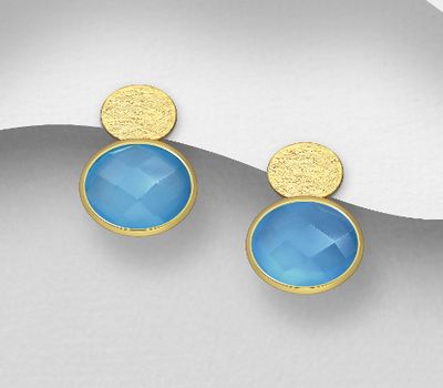 Şəkli böyütmək üçün tiklayın Desire by 7K - 925 Sterling Silver Push-Back Earrings, Decorated with Dyed Blue Onyx, Plated with 0.3 Micron 18K Yellow Gold