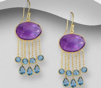 Desire by 7K - 925 Sterling Silver Hook Earrings, Decorated with Lab-Created Amethyst and Lab-Created lolite, Plated with 0.3 Micron 18K Yellow Gold