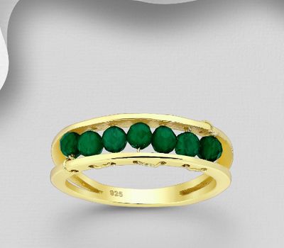 Desire by 7K - 925 Sterling Silver Ring, Beaded with Green Onyx, Plated with 0.3 Micron 18K Yellow Gold