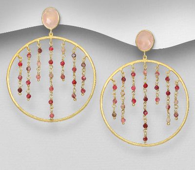 Desire by 7K - 925 Sterling Silver Push-Back Earrings, Decorated with Rhodochrosite and Rose Quartz, Plated with 0.3 Micron 18K Yellow Gold