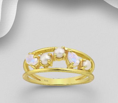 Desire by 7K - 925 Sterling Silver Ring, Decorated with Freshwater Pearl and Rainbow Moonstone, Plated with 0.3 Micron 18K Yellow Gold