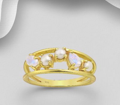 Şəkli böyütmək üçün tiklayın Desire by 7K - 925 Sterling Silver Ring, Decorated with Freshwater Pearl and Rainbow Moonstone, Plated with 0.3 Micron 18K Yellow Gold