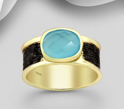 Desire by 7K - 925 Sterling Silver Oxidized Solitaire Ring, Decorated with Lab-Created Blue Chalcedony, Plated with 0.3 Micron 18K Yellow Gold