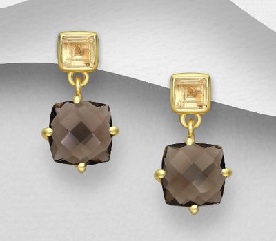 Desire by 7K - 925 Sterling Silver Push-Back Earrings, Decorated with Citrine and Smoky Quartz, Plated with 0.3 Micron 18K Yellow Gold