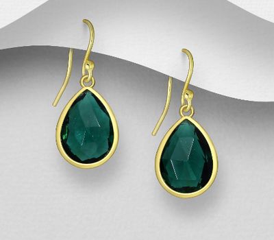 Desire by 7K - 925 Sterling Silver Hook Earrings, Decorated with Lab-Created Green Tourmaline, Plated with 0.3 Micron 18K Yellow Gold