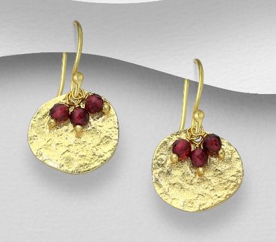 Desire by 7K - 925 Sterling Silver Hook Earrings, Beaded with Garnet, Plated with 0.3 Micron 18K Yellow Gold