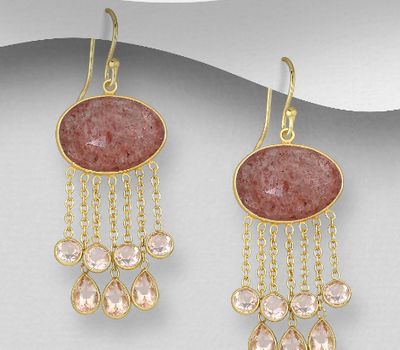 Desire by 7K - 925 Sterling Silver Hook Earrings, Decorated with Lab-Created Morganite and Strawberry Quartz, Plated with 0.3 Micron 18K Yellow Gold
