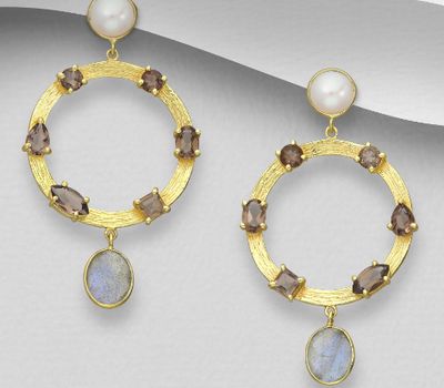Desire by 7K - 925 Sterling Silver Push-Back Earrings, Decorated with Freshwater Pearl, Labradorite and Smoky Quartz, Plated with 0.3 Micron 18K Yellow Gold