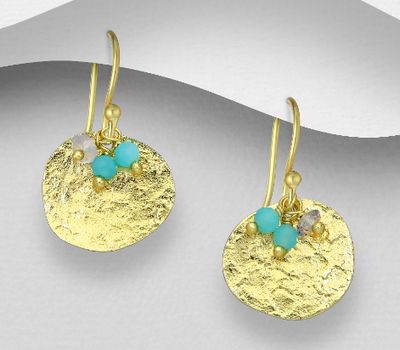 Desire by 7K - 925 Sterling Silver Hook Earrings, Beaded with Amazonite and Labradorite, Plated with 0.3 Micron 18K Yellow Gold