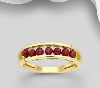 Desire by 7K - 925 Sterling Silver Ring, Beaded with Garnet, Plated with 0.3 Micron 18K Yellow Gold