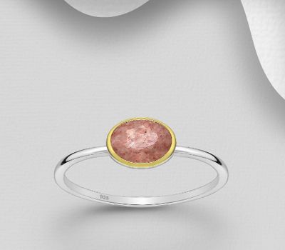 Desire by 7K - 925 Sterling Silver Ring, Decorated with Strawberry Quartz, Bezel Plated with 0.3 Micron 18K Yellow Gold