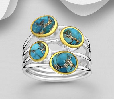 Desire by 7K - 925 Sterling Silver Ring, Decorated with Reconstructed Copper Turquoise, Plated with 0.3 Micron 18K Yellow Gold