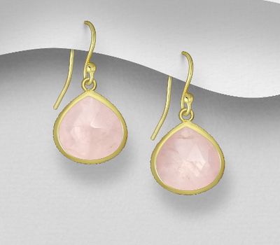 Desire by 7K - 925 Sterling Silver Hook Earrings, Decorated with Rose Quartz, Plated with 0.3 Micron 18K Yellow Gold