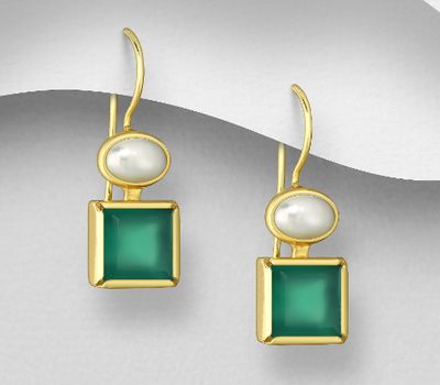 Desire by 7K - 925 Sterling Silver Square Hook Earrings, Decorated with Green Onyx and Freshwater Pearl, Plated with 0.3 Micron 18K Yellow Gold