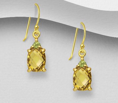 Desire by 7K - 925 Sterling Silver Hook Earrings, Decorated with Lemon Quartz and Peridot, Plated with 0.5 Micron 18K Yellow Gold