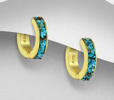 Desire by 7K - 925 Sterling Silver Hoop Earrings, Decorated with Reconstructed Copper Turquoise, Plated with 0.3 Micron 18K Yellow Gold