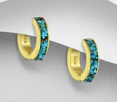 Şəkli böyütmək üçün tiklayın Desire by 7K - 925 Sterling Silver Hoop Earrings, Decorated with Reconstructed Copper Turquoise, Plated with 0.3 Micron 18K Yellow Gold