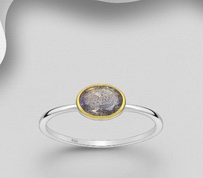 Desire by 7K - 925 Sterling Silver Solitaire Ring, Decorated with Labradorite, Bezel Plated with 0.3 Micron 18K Yellow Gold