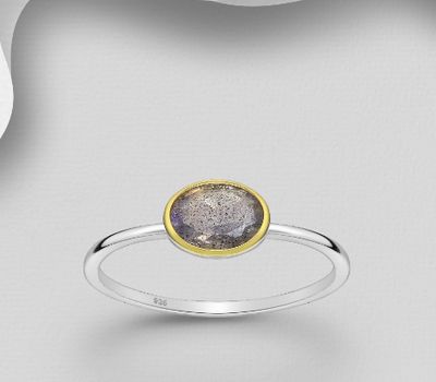 Şəkli böyütmək üçün tiklayın Desire by 7K - 925 Sterling Silver Solitaire Ring, Decorated with Labradorite, Bezel Plated with 0.3 Micron 18K Yellow Gold