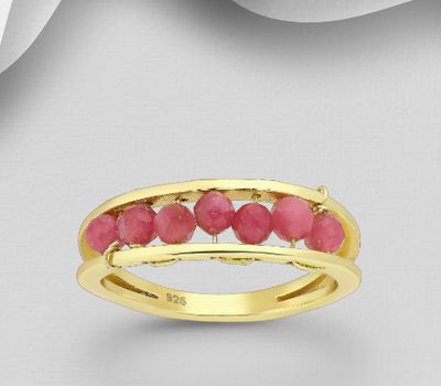 Desire by 7K - 925 Sterling Silver Ring, Beaded with Pink Tourmaline, Plated with 0.3 Micron 18K Yellow Gold