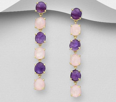 Desire by 7K - 925 Sterling Silver Push-Back Earrings, Decorated with Amethyst, and Rose Quartz, Plated with 0.3 Micron 18K Yellow Gold