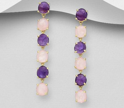 Şəkli böyütmək üçün tiklayın Desire by 7K - 925 Sterling Silver Push-Back Earrings, Decorated with Amethyst, and Rose Quartz, Plated with 0.3 Micron 18K Yellow Gold