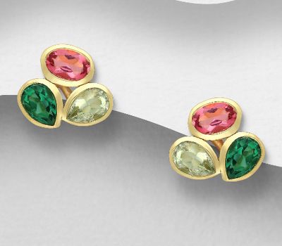 Desire by 7K - 925 Sterling Silver Push-Back Earrings, Decorated with Lab-Created Green Tourmaline, Lab-Created Pink Tourmaline and Green Amethyst, Plated with 0.3 Micron 18K Yellow Gold