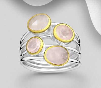 Desire by 7K - 925 Sterling Silver Ring, Decorated with Rose Quartz, Plated with 0.3 Micron 18K Yellow Gold