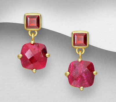Desire by 7K - 925 Sterling Silver Push-Back Earrings, Decorated with Ruby and Garnet, Plated with 0.3 Micron 18K Yellow Gold
