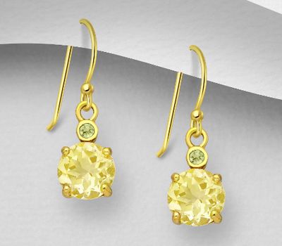 Desire by 7K - 925 Sterling Silver Hook Earrings, Decorated with Lemon Quartz and Peridot, Plated with 0.5 Micron 18K Yellow Gold