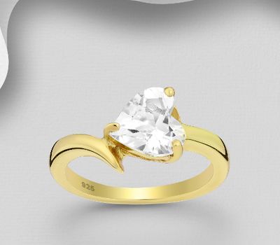 Desire by 7K - 925 Sterling Silver Heart Ring, Decorated with White Topaz, Plated with 0.5 Micron 18K Yellow Gold
