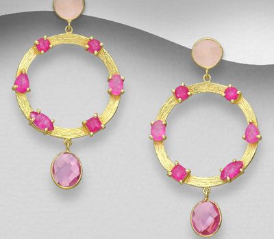 Desire by 7K - 925 Sterling Silver Push-Back Earrings, Decorated with Lab-Created Pink Tourmaline and Rose Quartz, Plated with 0.3 Micron 18K Yellow Gold