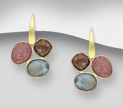 Desire by 7K - 925 Sterling Silver Push-Back Earrings, Decorated with Labradorite, Smoky Quartz and Strawberry Quartz. Plated with 0.3 Micron 18K Yellow Gold