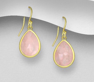 Desire by 7K - 925 Sterling Silver Hook Earrings, Decorated with Rose Quartz, Plated with 0.3 Micron 18K Yellow Gold