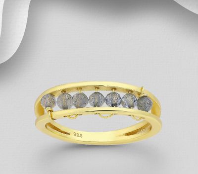 Desire by 7K - 925 Sterling Silver Ring, Beaded with Labradorite, Plated with 0.3 Micron 18K Yellow Gold