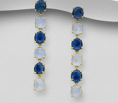 Desire by 7K - 925 Sterling Silver Push-Back Earrings, Decorated with Lab-Created lolite and Light Chalcedony Jade, Plated with 0.3 Micron 18K Yellow Gold