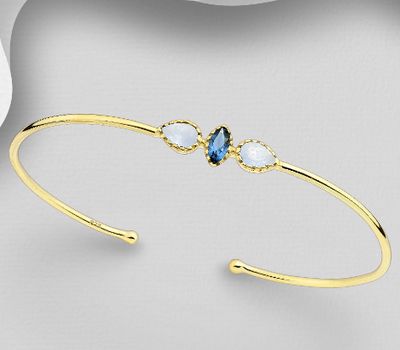 Şəkli böyütmək üçün tiklayın Desire by 7K - 925 Sterling Silver Cuff Bracelet, Decorated with Lab-Created lolite and Light Chalcedony Jade, Plated with 0.3 Micron 18K Yellow Gold