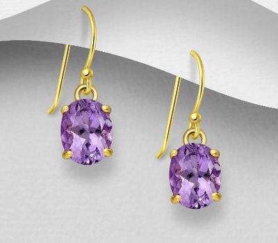 Desire by 7K - 925 Sterling Silver Hook Earrings, Decorated with Amethyst, Plated with 0.5 Micron 18K Yellow Gold
