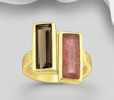 Desire by 7K - 925 Sterling Silver Ring, Decorated with Smoky Quartz and Strawberry Quartz, Plated with 0.3 Micron 18K Yellow Gold