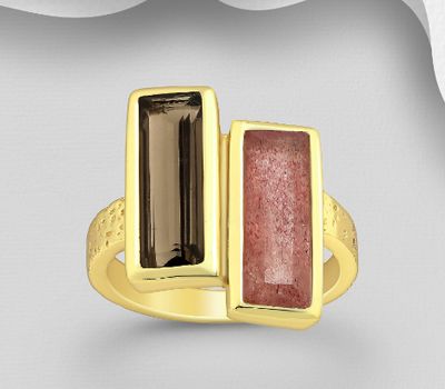 Şəkli böyütmək üçün tiklayın Desire by 7K - 925 Sterling Silver Ring, Decorated with Smoky Quartz and Strawberry Quartz, Plated with 0.3 Micron 18K Yellow Gold