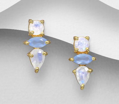 Desire by 7K - 925 Sterling Silver Push-Back Earrings, Decorated with Rainbow Moonstone and Dyed Blue Onyx, Plated with 0.3 Micron 18K Yellow Gold