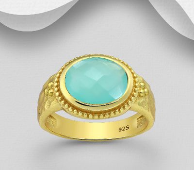 Desire by 7K - 925 Sterling Silver Ring, Decorated with Lab-Created Aqua Chalcedony, Plated with 0.3 Micron 18K Yellow Gold