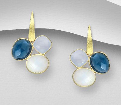Desire by 7K - 925 Sterling Silver Push-Back Earrings, Decorated with Lab-Created lolite, Light Chalcedony Jade and Rainbow Moonstone. Plated with 0.3 Micron 18K Yellow Gold
