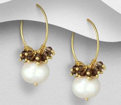 Desire by 7K - 925 Sterling Silver Hoop Earrings, Beaded with Smoky Quartz and Freshwater Pearls, Plated with 0.3 Micron 18K Yellow Gold