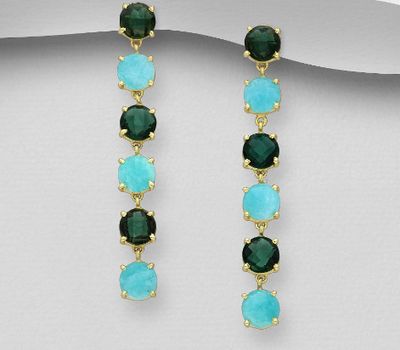 Desire by 7K - 925 Sterling Silver Push-Back Earrings, Decorated with Lab-Created Green Tourmaline and Green White Jade, Plated with 0.3 Micron 18K Yellow Gold