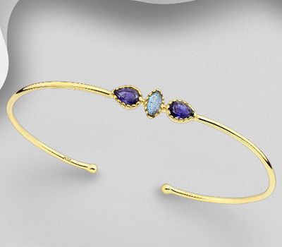 Şəkli böyütmək üçün tiklayın Desire by 7K - 925 Sterling Silver Cuff Bracelet, Decorated with Lab-Created lolite and Labradorite, Plated with 0.3 Micron 18K Yellow Gold