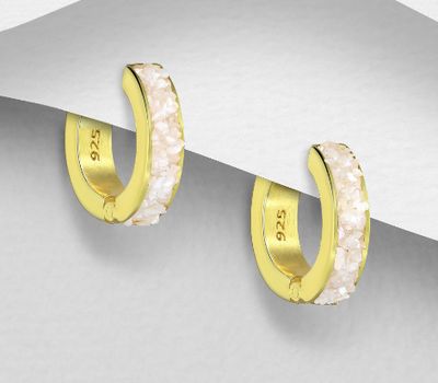 Desire by 7K - 925 Sterling Silver Hoop Earrings, Decorated with Rainbow Moonstone, Plated with 0.3 Micron 18K Yellow Gold